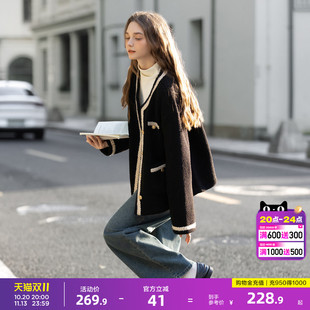 唐狮2026秋冬外套女高级轻奢女圆领撞色小香风皮毛一体短款外套