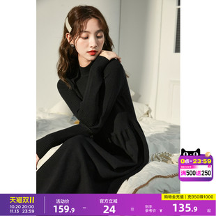唐狮冬季黑色打底连衣裙女春装新款秋冬内搭中长款针织毛衣裙