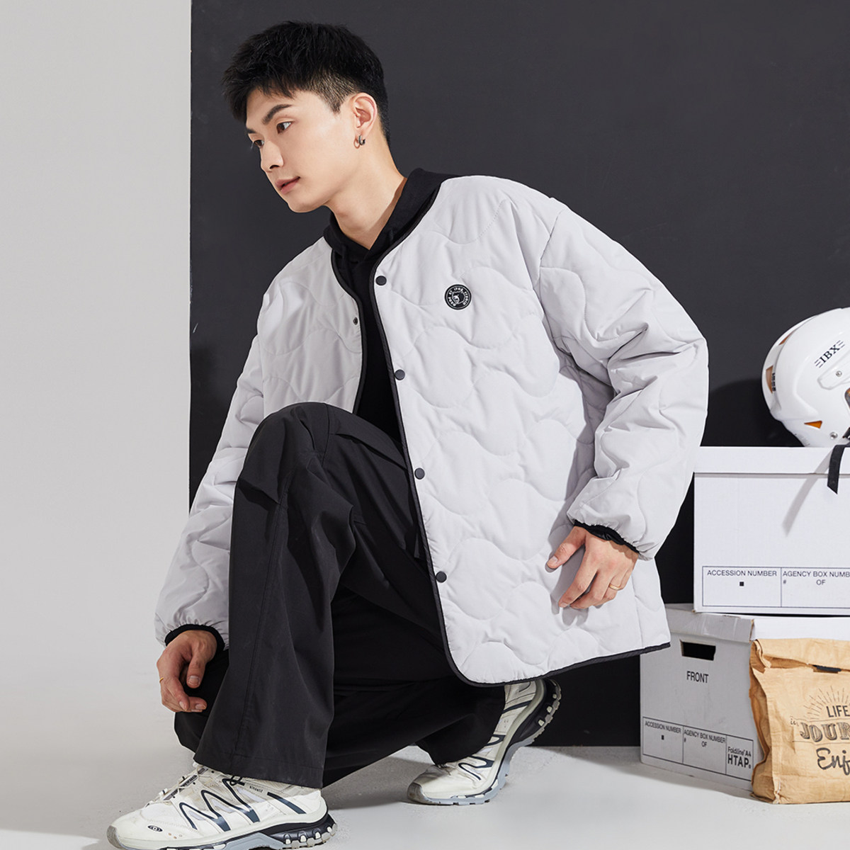唐狮2024冬季新款男士棉服轻薄保暖无领休闲灰色潮流运动棉衣外套