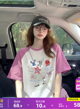 唐狮美式甜酷撞色插肩袖T恤女夏季可爱卡通印花宽松纯棉短袖上衣