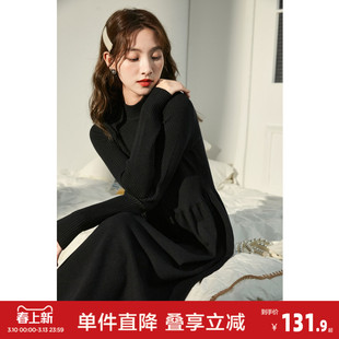 唐狮冬季黑色打底连衣裙女春装新款秋冬内搭中长款针织毛衣裙