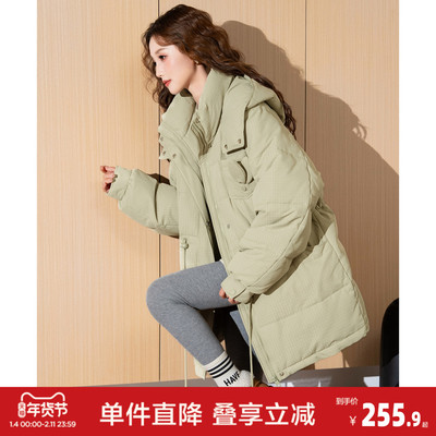 唐狮冬季新款女棉衣肌理感连帽中长款棉服韩系加厚外套面包服