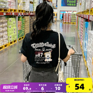 宽松 唐狮夏季 2025新款 女短袖 T恤纯棉黑色上衣夏日穿搭超好看半袖