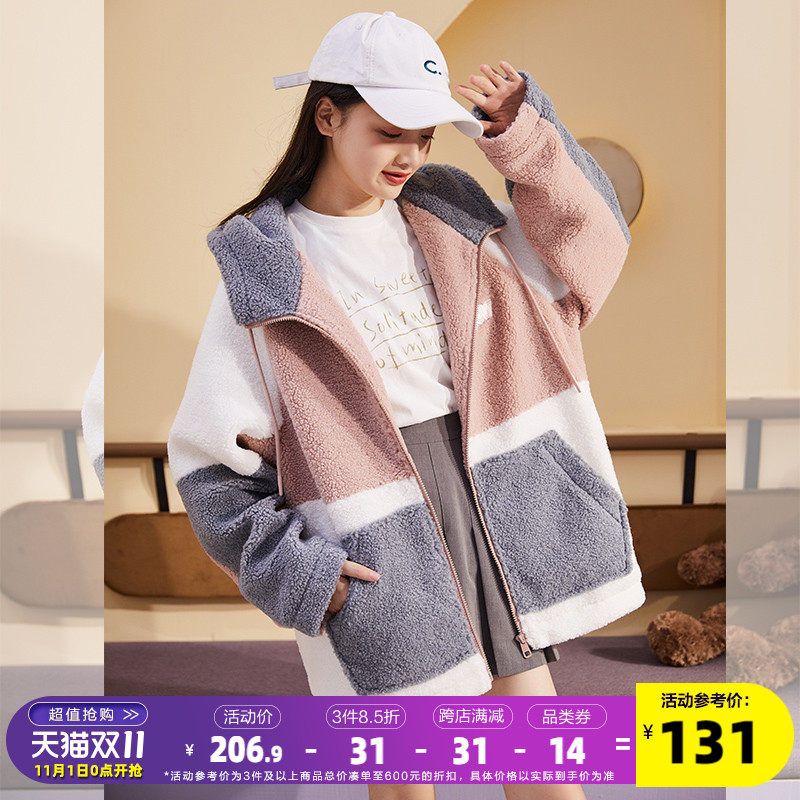 唐狮2021年秋冬新款工装外套女拼接ins潮仿羊羔毛大衣百搭上衣YS