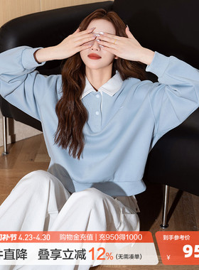唐狮春季新款小众设计感女polo衫宽松百搭上衣流行蓝色短款