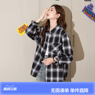 唐狮年新款长袖衬衫女黑白格子翻领美式复古上衣宽松外套潮bl