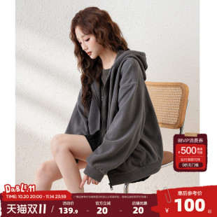 宽松净色短款 摇粒绒外套女连帽针织开衫 休闲潮 新款 唐狮2025春季