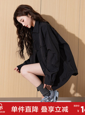 唐狮春秋季新款翻领女外套夹克黑色冲锋少年上衣教练服户外yc