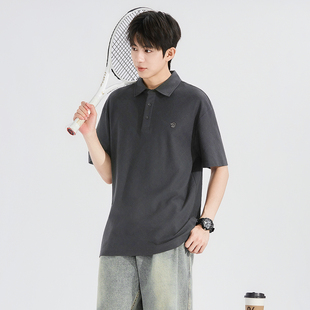 简约宽松翻领上衣黑色学生运动T恤 唐狮2025夏季 新款 男短袖 Polo衫