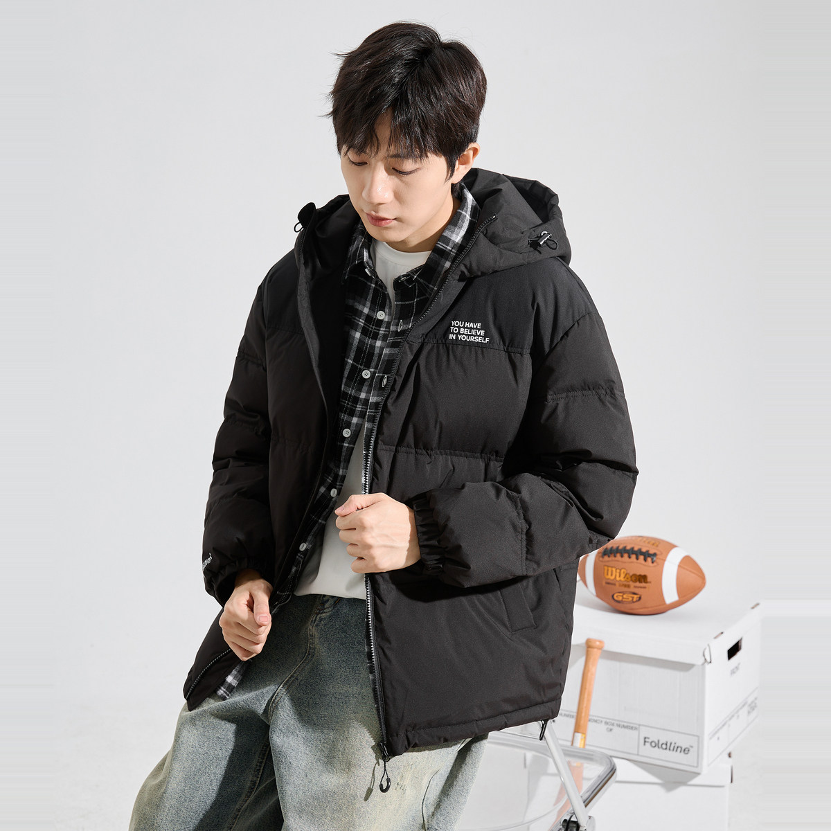 唐狮2024冬季新款男士羽绒服连帽撞色拼接短款面包服拉链款厚外套