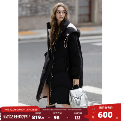 唐狮2025年秋冬款长款羽绒服女连帽撞色拼接长款羽绒服高级感减龄