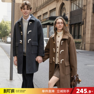 翻领简约风仿牛角扣时尚 毛呢外套加厚情侣款 中长款 唐狮2026秋冬季
