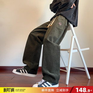 唐狮2026春秋休闲长裤 男抽绳直筒灯芯绒痞帅显瘦百搭暗绿色潮流