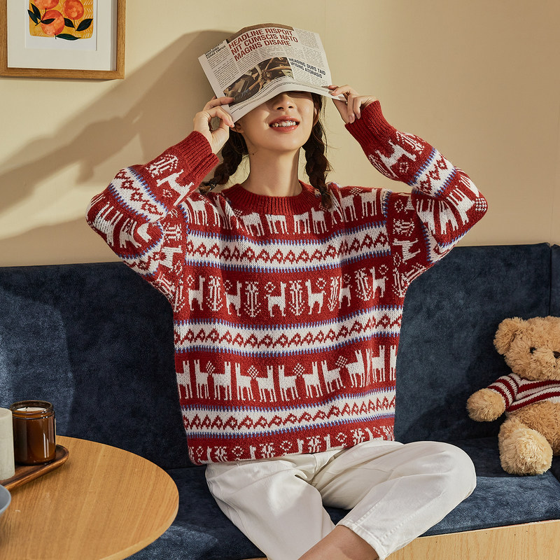 唐狮秋冬新款红色毛衣女复古日系设计感小众宽松圣诞节新年针织衫