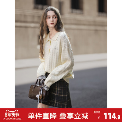 唐狮2026秋冬季女POLO领净色绞花袖口拼接假两件毛线衫超好看上衣