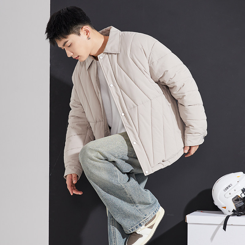 唐狮2024冬季新款棉衣男士翻领夹棉外套青少年学生短款黑色棉服潮