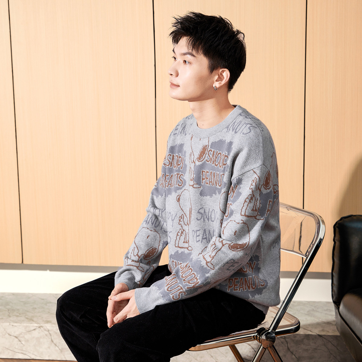 唐狮2024冬季新款男毛衣史努比提花满印针织衫上衣男款毛衫青少年