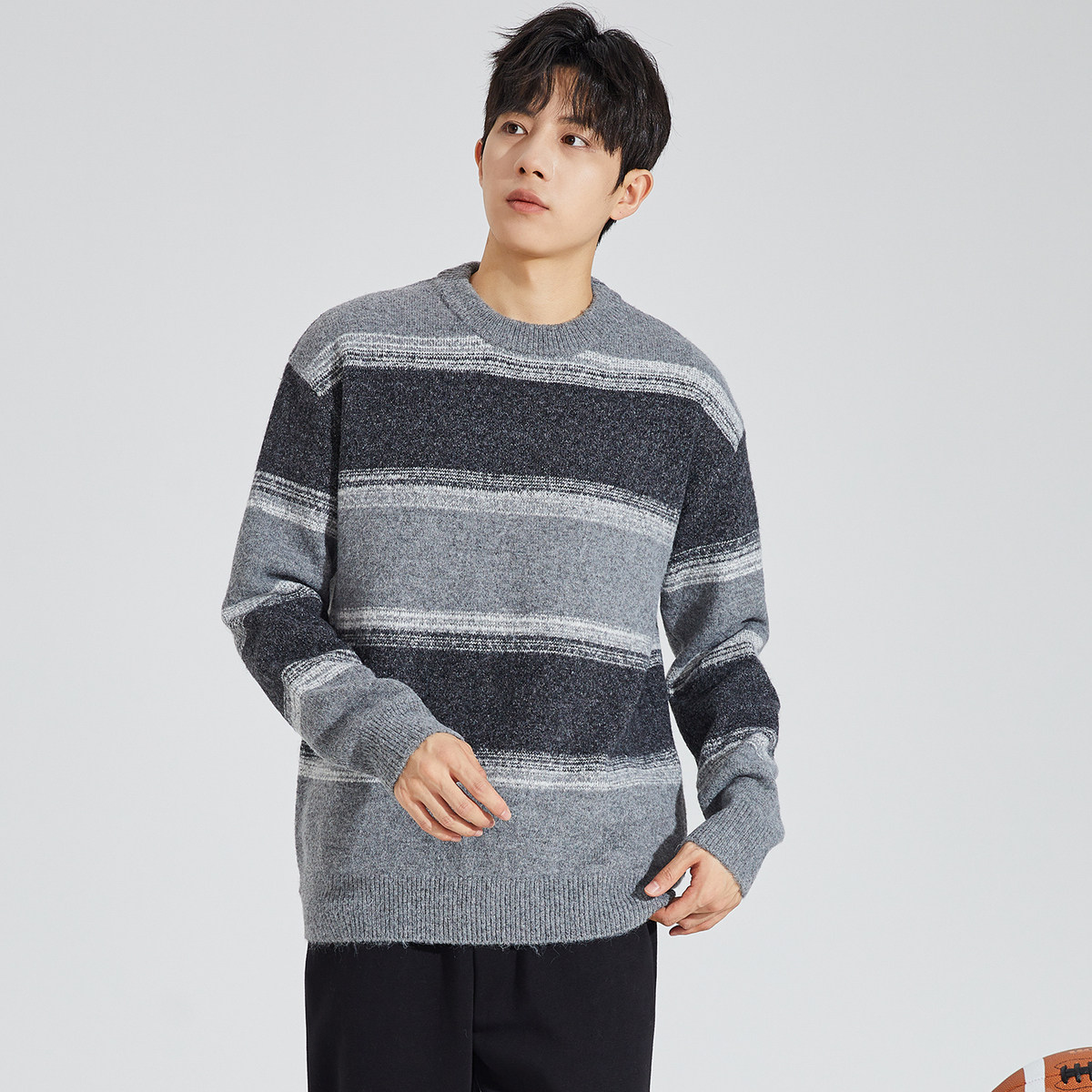 唐狮2024男士毛衣冬季新款圆领撞色拼接时尚休闲百搭少年感毛线衫
