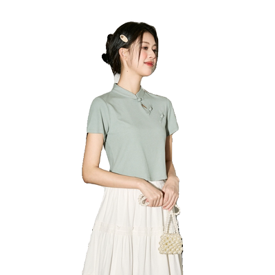 唐狮新中式短袖T恤女夏季新款女立领正肩修身独特别致上衣sz