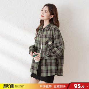 女绿色格子翻领宽松前胸趣味刺绣上衣bl 衬衫 唐狮2026新款 长袖