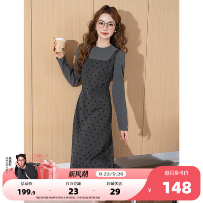 唐狮2025秋冬季女连衣裙假两件长裙灰色气质温柔风波点小个子穿搭