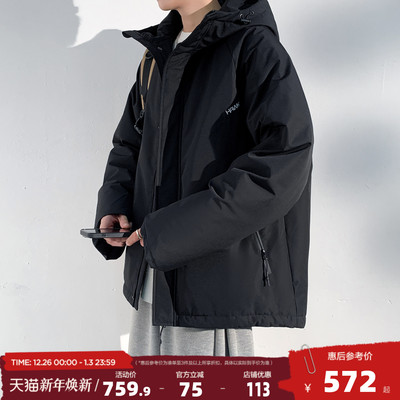 唐狮2025新款男士羽绒服连帽拉链短款黑色简约休闲厚外套宽松夹克