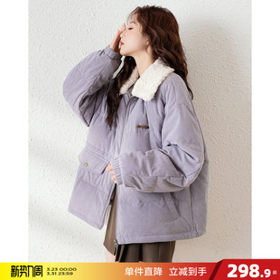 翻领羊羔毛拼接加厚面包服保暖时尚 棉衣女款 短款 唐狮2026秋冬季