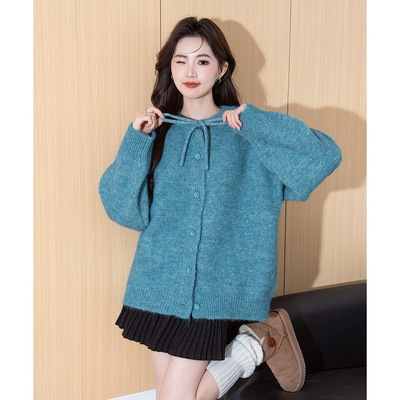 唐狮2026新款圆领开衫毛衣女慵懒风领口系带设计宽松针织衫上衣yd