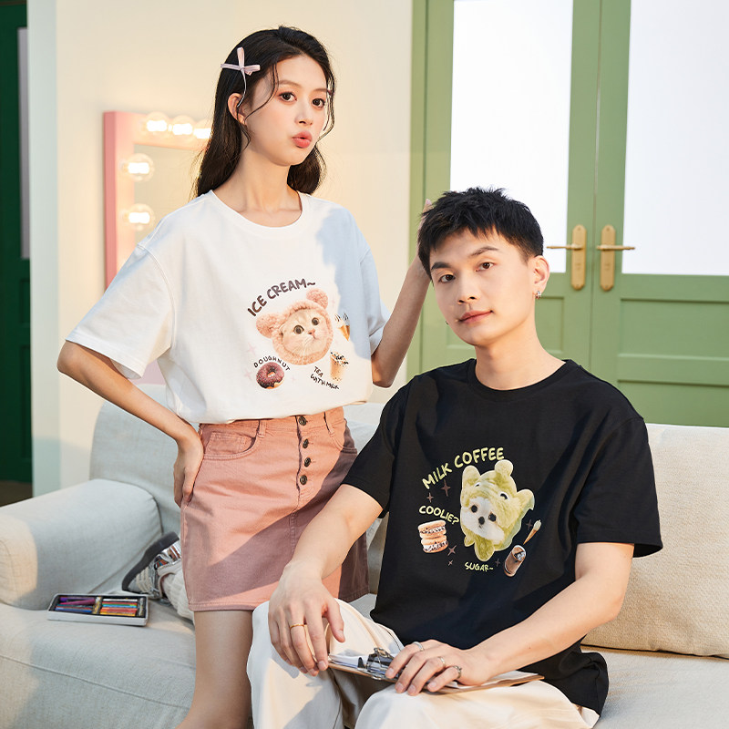 唐狮情侣短袖T恤男女2025夏季新款潮流印花宽松圆领学生休闲上衣