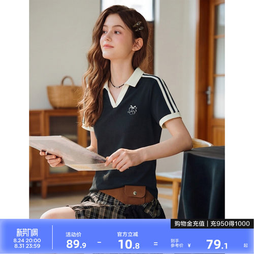 唐狮2026夏季新款短袖polo衫女海鸥领藏青休闲修身运动风时尚好看
