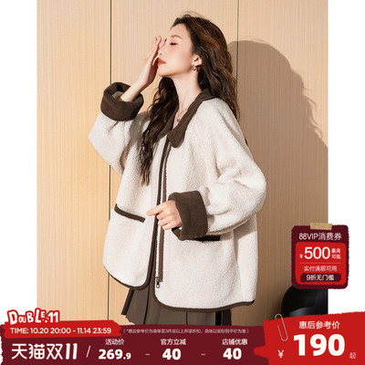 唐狮2025秋冬季外套女翻领灯芯绒拼接仿羊羔毛短款保暖外套超好看