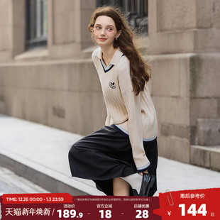 流行穿搭毛线衫 唐狮2025秋冬新款 毛衣女POLO学院风领撞色间条秋季