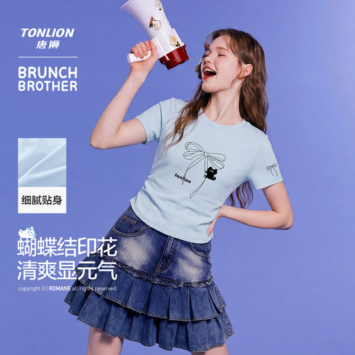 【Brunch Brother联名】唐狮韩系清新短袖T恤女夏蝴蝶结收腰上衣