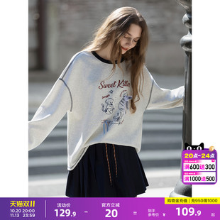 唐狮2026春秋冬季卫衣女圆领加绒加厚卡通印花宽松慵懒风设计时尚