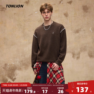 休闲上衣 宽松潮流毛线衫 唐狮2025秋季 毛衣男圆领套头黑色撞色时尚