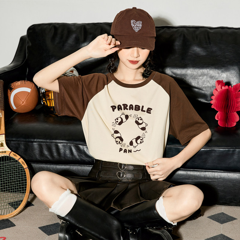 唐狮2024夏新款短袖T恤女宽松插肩袖撞色熊猫趣味印花别致上衣sz