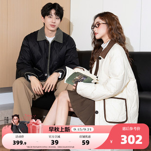 唐狮冬季新款情侣羽绒服拼接灯芯绒翻领夹克外套日系复古