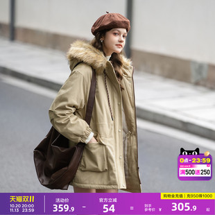 唐狮2026冬季女连帽中长款棉服卡其潮流时尚气质风衣学院风休闲