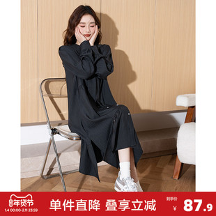 唐狮黑色长袖连衣裙女早春连衣裙新款宽松长款连衣裙小个子d7