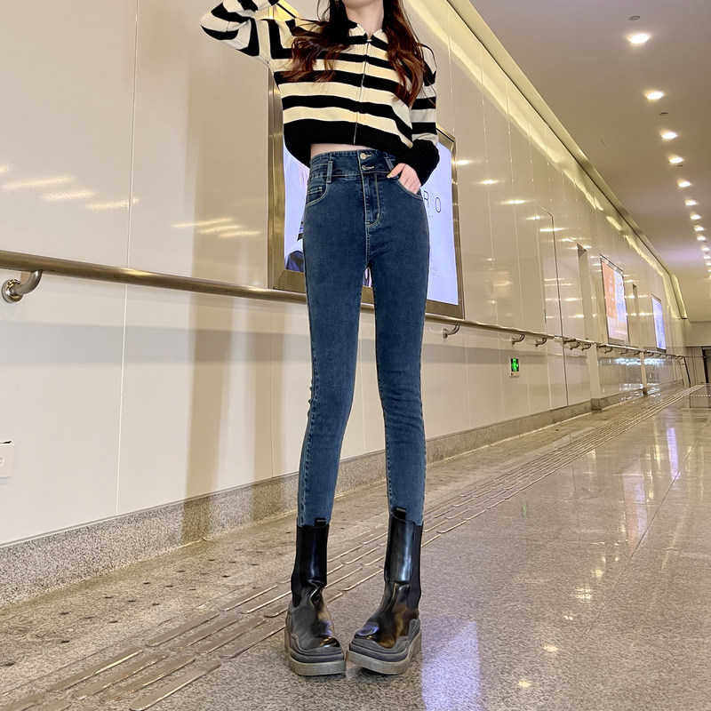 唐狮春秋季新款牛仔裤女高腰显瘦修身小脚裤弹力紧身百搭潮流裤子