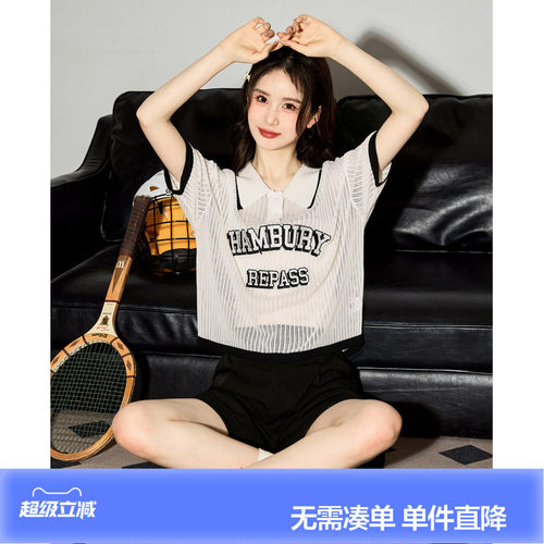 唐狮夏季新款女翻领毛针织衫学院风短袖镂空设计宽松上衣cz