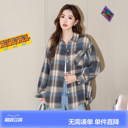 唐狮2026新款长袖衬衫女格子复古撞色字母印花翻领百搭休闲上衣bl