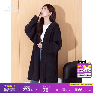 唐狮慵懒风大翻领女士针织开衫秋季长款粗线宽松落肩加厚毛衣外套