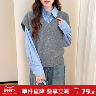 唐狮2025年秋冬新款V领针织衫女毛衣背心灰色马甲毛线坎肩上衣yd