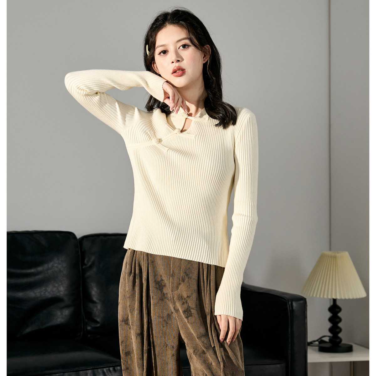 唐狮2024新款秋冬女毛织新中式净色国风盘扣打底衫修身显瘦上衣