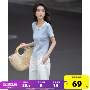 唐狮2025年夏季 女圆领撞边T恤休闲正肩超好看显瘦上衣 新款 短袖