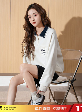 唐狮春季新款女polo短款撞色宽松显瘦长袖上衣白色爆款设计感