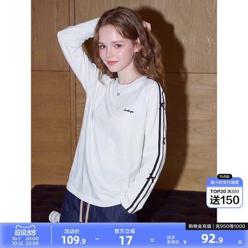 唐狮2026春秋白色长袖T恤女纯棉蝴蝶结可爱少女织带上衣打底内搭