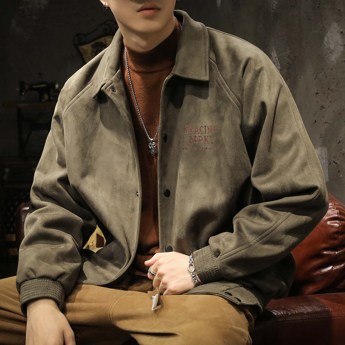 唐狮冬季外套仿麂皮绒保暖厚外套男仿羊羔绒翻领夹克宽松工装外套