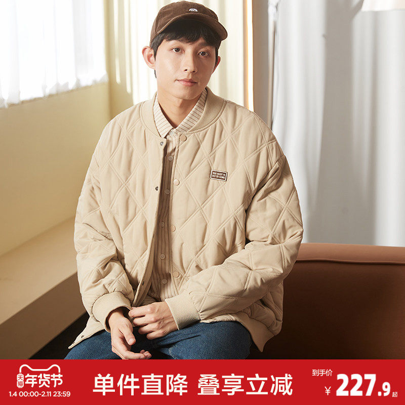 唐狮秋冬季新款棉衣男士棒球领菱形格运动棉服夹棉外套加厚防寒服